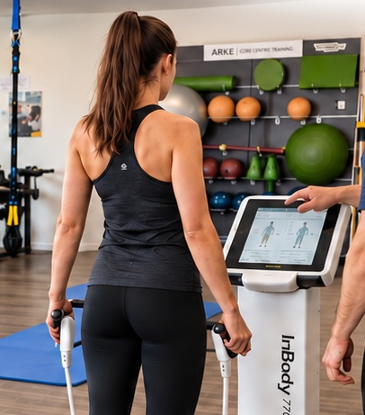 Individuelle Betreuung bei der InBody Körperanalyse im Trainingsraum von NEUSSERREHA